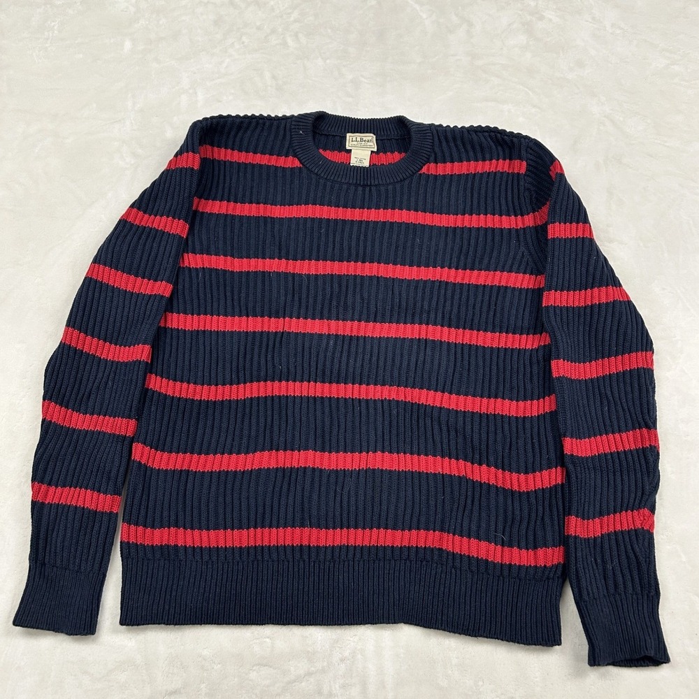 LL Bean Sweater Mens L Blue Red Striped Shaker Stitch Cotton Crewneck 0KBQ5